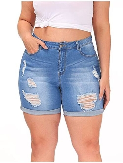 ALLEGRACE Plus Size Denim Shorts Women High Waisted Ripped Folded Hem Jean Shorts