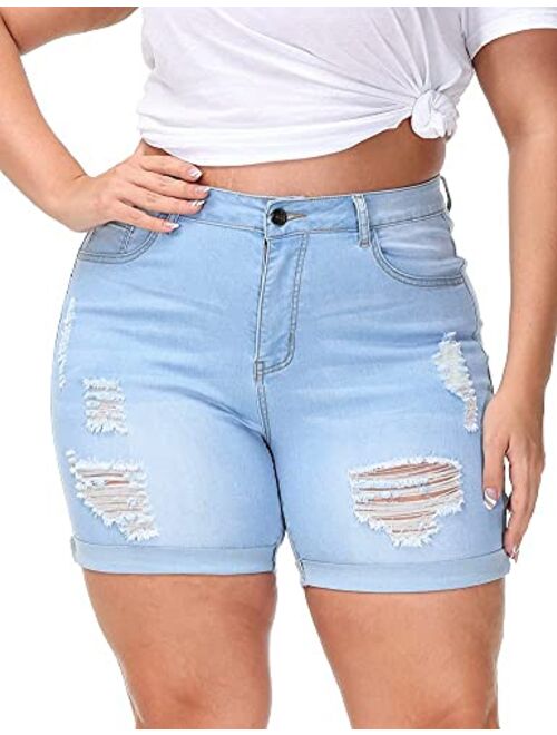 ALLEGRACE Plus Size Denim Shorts Women High Waisted Ripped Folded Hem Jean Shorts