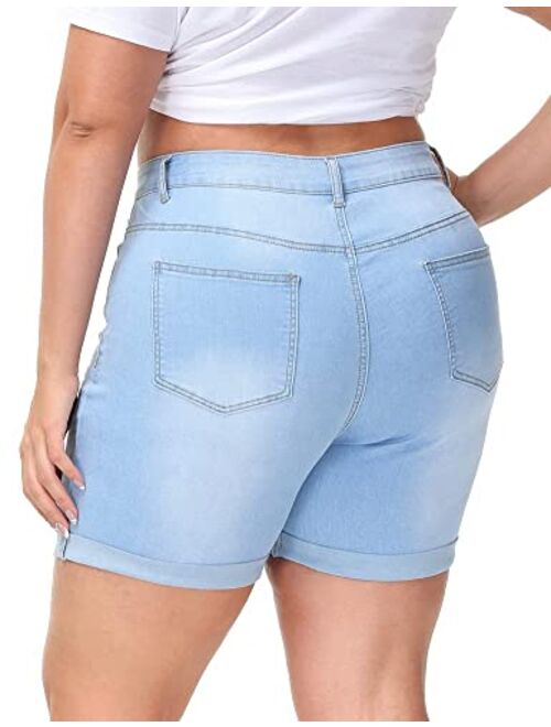 ALLEGRACE Plus Size Denim Shorts Women High Waisted Ripped Folded Hem Jean Shorts