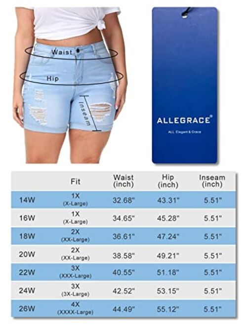 ALLEGRACE Plus Size Denim Shorts Women High Waisted Ripped Folded Hem Jean Shorts