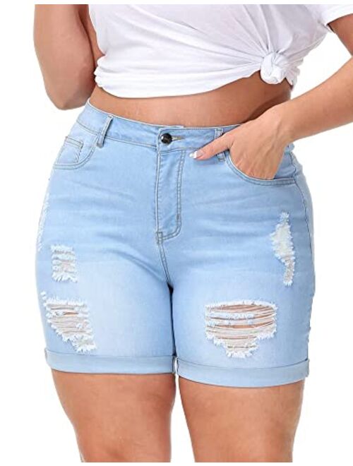 ALLEGRACE Plus Size Denim Shorts Women High Waisted Ripped Folded Hem Jean Shorts