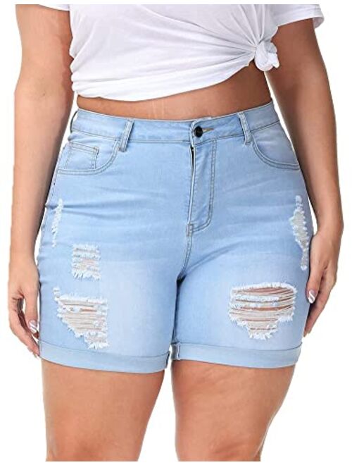 ALLEGRACE Plus Size Denim Shorts Women High Waisted Ripped Folded Hem Jean Shorts