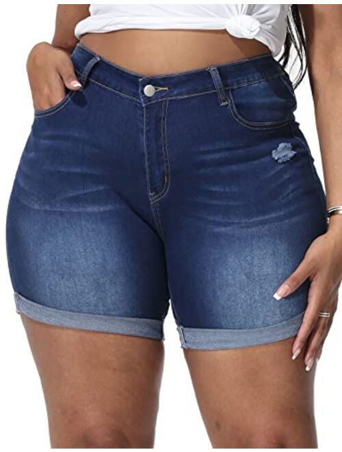 ALLEGRACE Plus Size Denim Shorts Women High Waisted Ripped Folded Hem Jean Shorts