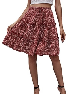 Women's Floral Print Ruffle Hem Elastic High Waist Tie Front Skirt