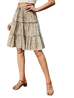 Women's Floral Print Ruffle Hem Elastic High Waist Tie Front Skirt