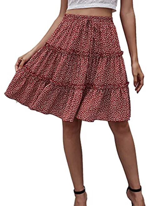 WDIRARA Women's Floral Print Ruffle Hem Elastic High Waist Tie Front Skirt