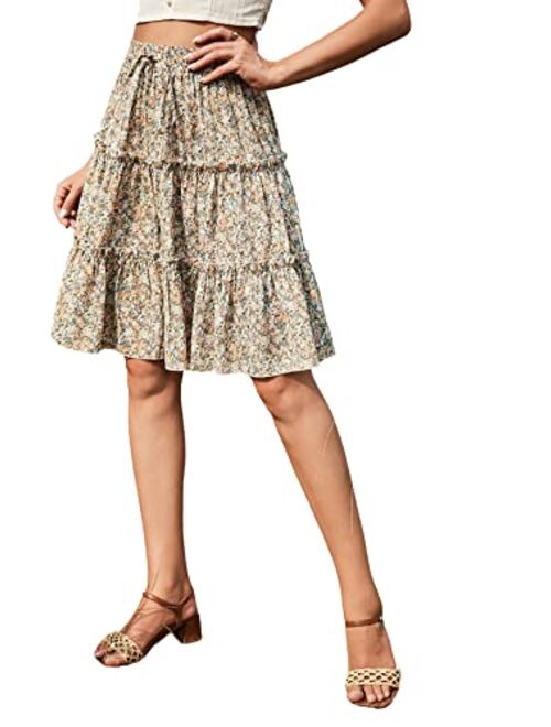 WDIRARA Women's Floral Print Ruffle Hem Elastic High Waist Tie Front Skirt