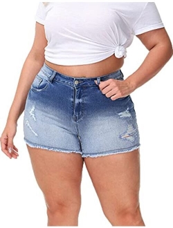 ALLEGRACE Sexy Plus Size Denim Shorts Women Distressed High Waist Shorts with Pockets