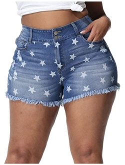 ALLEGRACE Sexy Plus Size Denim Shorts Women Distressed High Waist Shorts with Pockets