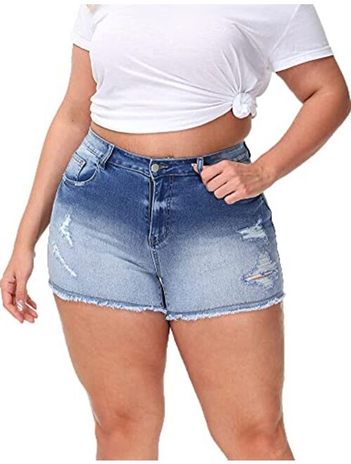 ALLEGRACE Sexy Plus Size Denim Shorts Women Distressed High Waist Shorts with Pockets