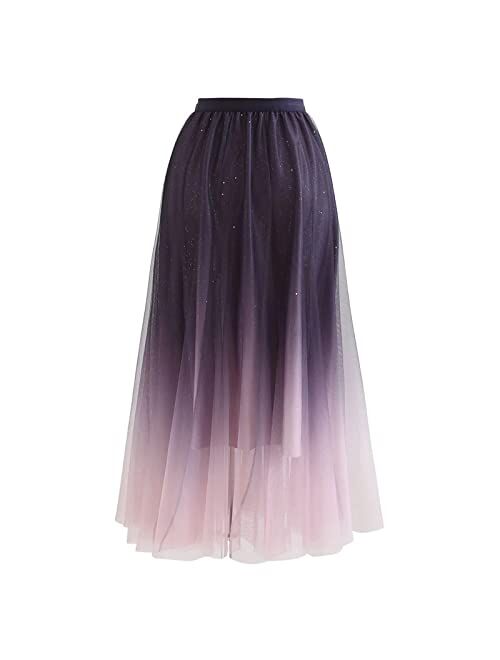 CHICWISH Women's Lilac/Cream/Grey/Pink/Black Layered Mesh Ballet Prom Party Tulle Tutu A-Line Maxi Skirt