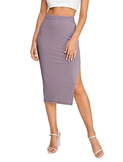 Women's Slit Bodycon Midi Skirt Split Ribbed Knit Pencil Skirts