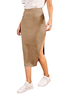 Women's Slit Bodycon Midi Skirt Split Ribbed Knit Pencil Skirts