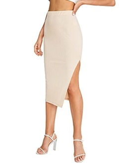 Women's Slit Bodycon Midi Skirt Split Ribbed Knit Pencil Skirts