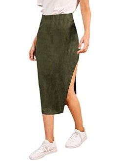 Women's Slit Bodycon Midi Skirt Split Ribbed Knit Pencil Skirts