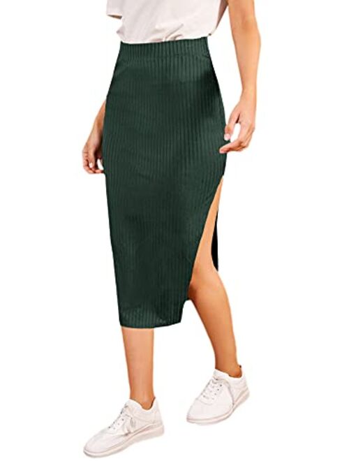 SheIn Women's Slit Bodycon Midi Skirt Split Ribbed Knit Pencil Skirts