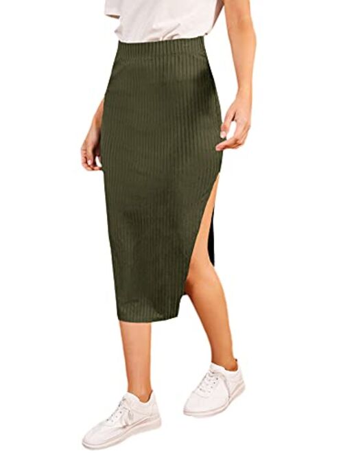 SheIn Women's Slit Bodycon Midi Skirt Split Ribbed Knit Pencil Skirts