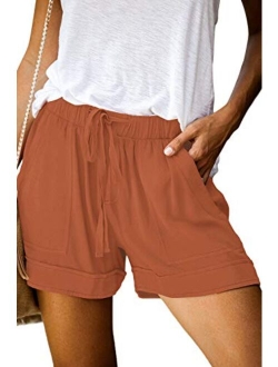 QUEEN PLUS Womens Casual Shorts Comfy Elastic Waist Drawstring Pocket Shorts Pants