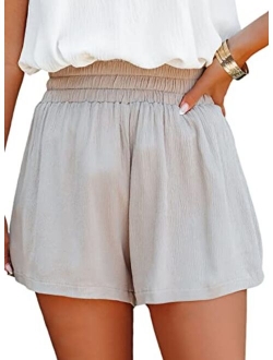 Womens 2022 Casual Summer Ruffle Elastic High Waisted Smocked Shorts Pants