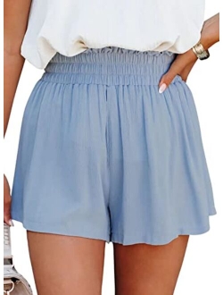 Womens 2022 Casual Summer Ruffle Elastic High Waisted Smocked Shorts Pants