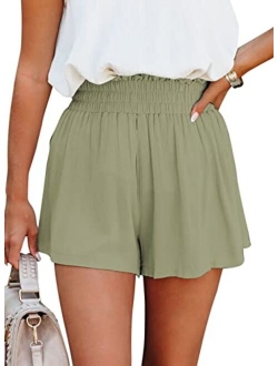 Womens 2022 Casual Summer Ruffle Elastic High Waisted Smocked Shorts Pants