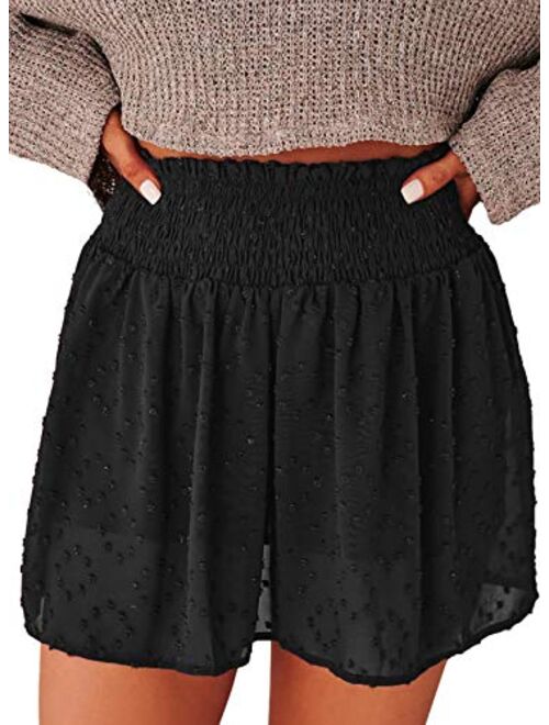 Dokotoo Womens 2022 Casual Summer Ruffle Elastic High Waisted Smocked Shorts Pants