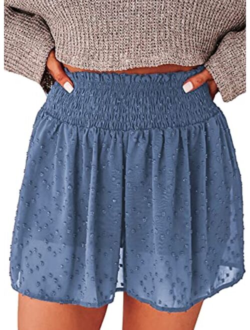 Dokotoo Womens 2022 Casual Summer Ruffle Elastic High Waisted Smocked Shorts Pants