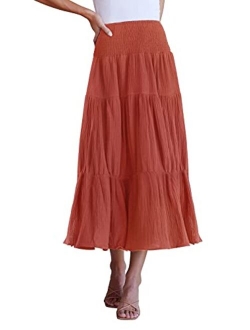 Women's Casual High Elastic Waist Solid Color Ruffle A Line Swing Midi Skirt