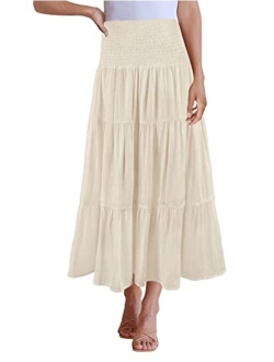 Women's Casual High Elastic Waist Solid Color Ruffle A Line Swing Midi Skirt