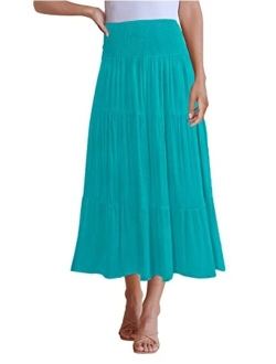 Women's Casual High Elastic Waist Solid Color Ruffle A Line Swing Midi Skirt