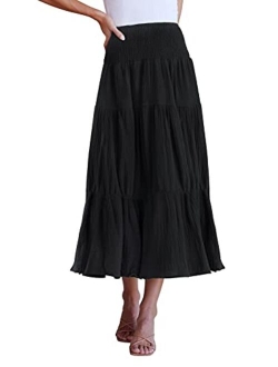 Women's Casual High Elastic Waist Solid Color Ruffle A Line Swing Midi Skirt