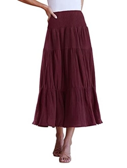 Women's Casual High Elastic Waist Solid Color Ruffle A Line Swing Midi Skirt