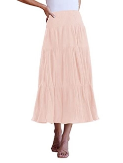 Women's Casual High Elastic Waist Solid Color Ruffle A Line Swing Midi Skirt