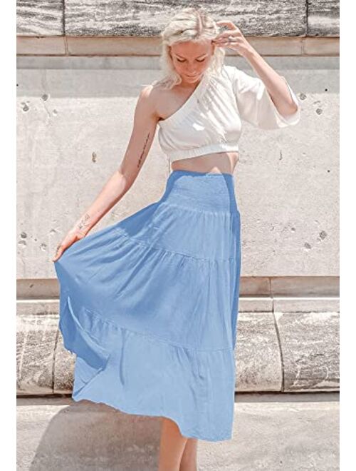 ZESICA Women's Casual High Elastic Waist Solid Color Ruffle A Line Swing Midi Skirt