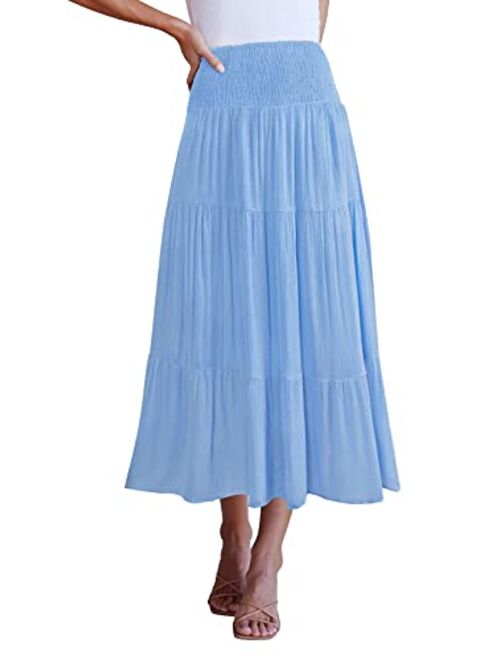 ZESICA Women's Casual High Elastic Waist Solid Color Ruffle A Line Swing Midi Skirt