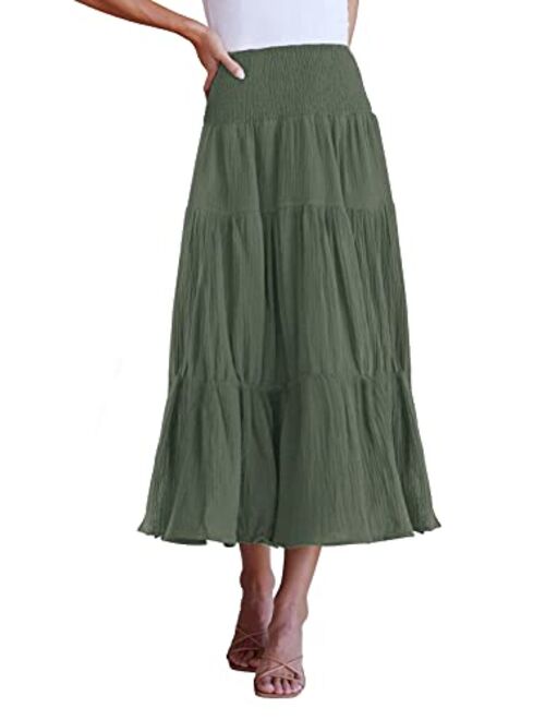 ZESICA Women's Casual High Elastic Waist Solid Color Ruffle A Line Swing Midi Skirt