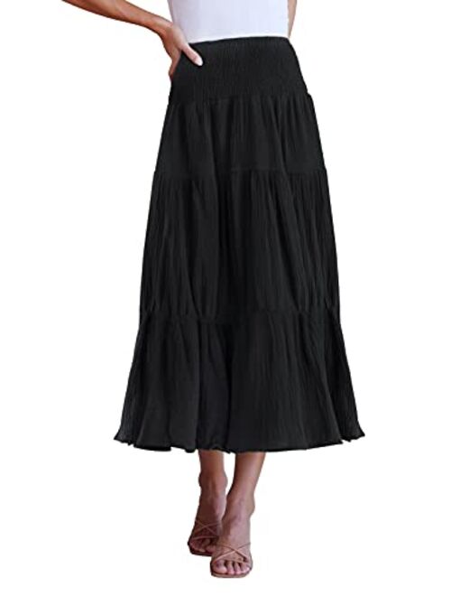 ZESICA Women's Casual High Elastic Waist Solid Color Ruffle A Line Swing Midi Skirt