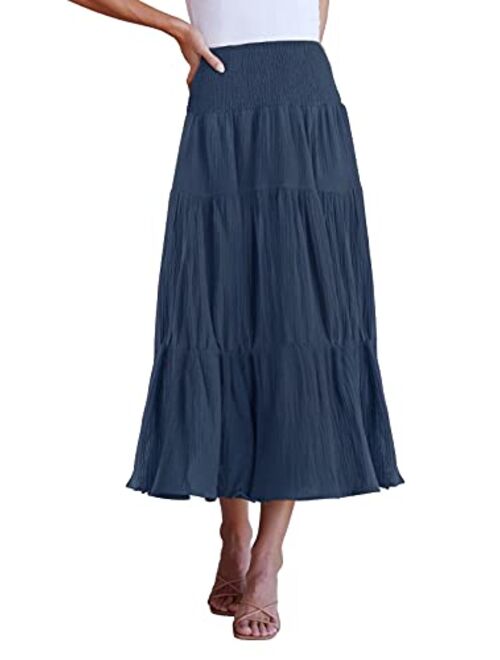 ZESICA Women's Casual High Elastic Waist Solid Color Ruffle A Line Swing Midi Skirt