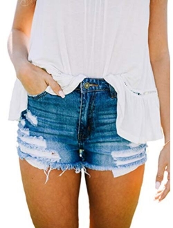 Happy Sailed Womens Ripped Denim Jean Shorts Casual Mid Rise Folded Hem Jeans Shorts with Pocket(S-XXL)