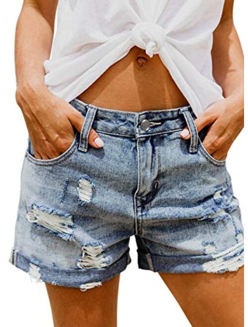 Happy Sailed Womens Ripped Denim Jean Shorts Casual Mid Rise Folded Hem Jeans Shorts with Pocket(S-XXL)