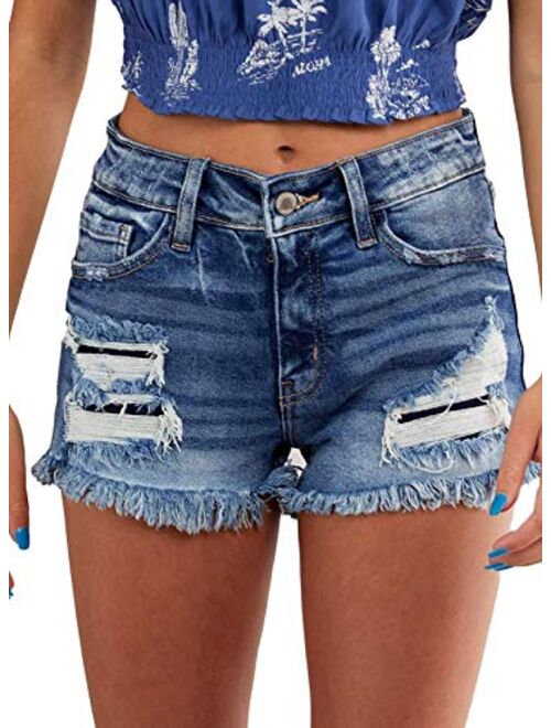 Happy Sailed Womens Ripped Denim Jean Shorts Casual Mid Rise Folded Hem Jeans Shorts with Pocket(S-XXL)