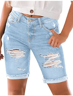 luvamia Women High Waisted Stretch Bermuda Shorts Ripped Rolled Hem Jean Shorts