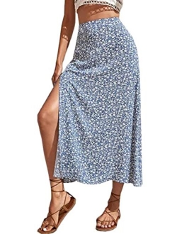 CHARTOU Women's Summer High Waist Floral Print Side Slit Midi Long Beach Boho Skirt