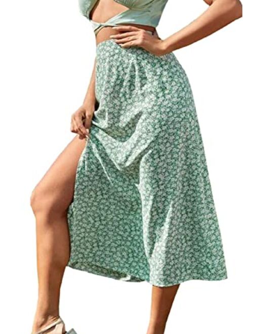 CHARTOU Women's Summer High Waist Floral Print Side Slit Midi Long Beach Boho Skirt