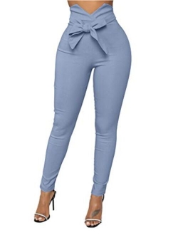 XXTAXN Women's Casual High Waist Stretch Trousers Solid Pencil Pants with Tie