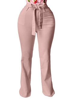 XXTAXN Women's Casual High Waist Stretch Trousers Solid Pencil Pants with Tie