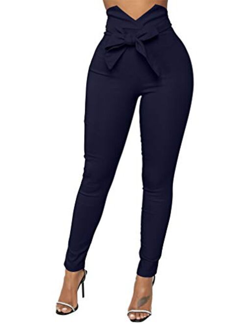 XXTAXN Women's Casual High Waist Stretch Trousers Solid Pencil Pants with Tie