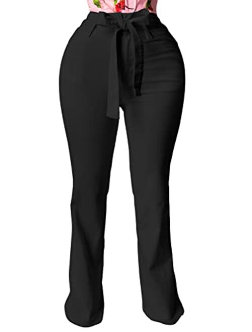 XXTAXN Women's Casual High Waist Stretch Trousers Solid Pencil Pants with Tie