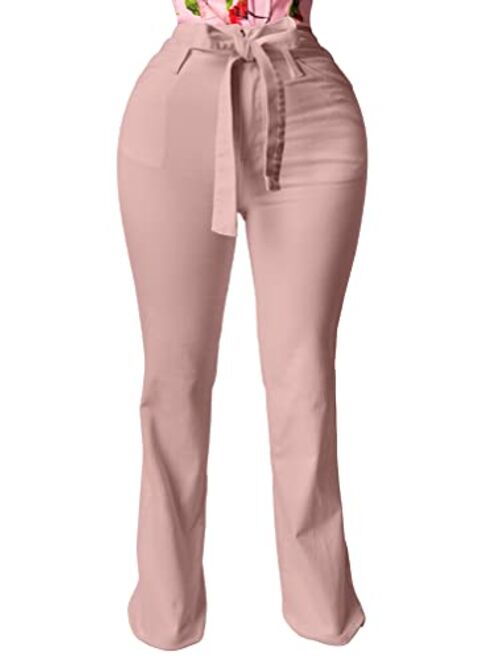 XXTAXN Women's Casual High Waist Stretch Trousers Solid Pencil Pants with Tie