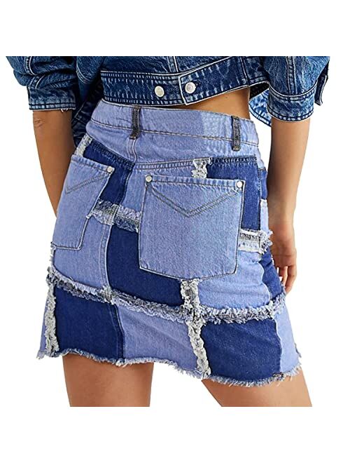 Finevalue Women's Casual Mid Waisted Washed Denim Jean Short Skirt